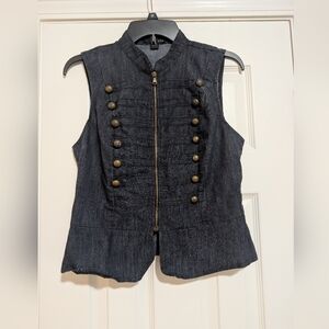 Denim Military Style Vest with Brass Buttons